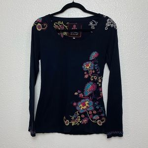 Johnny Was Black Long Sleeve Shirt Embroidery Medium